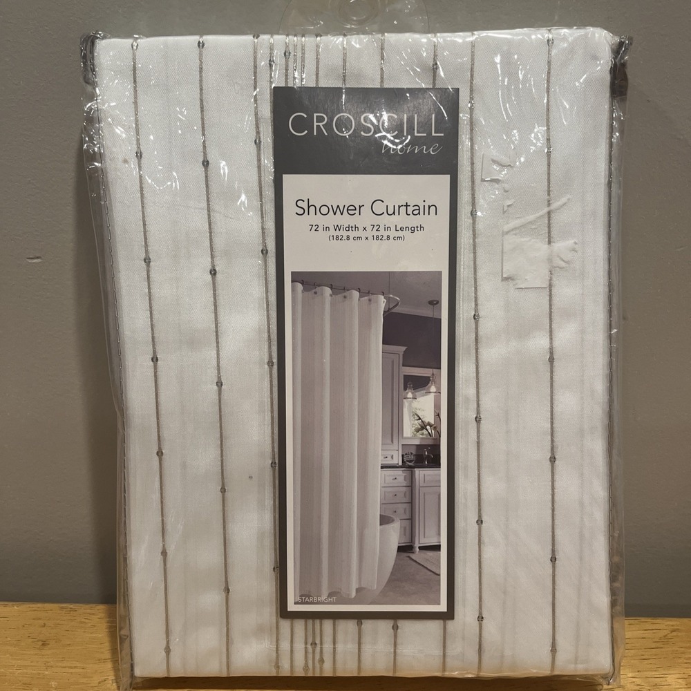 Croscill Fabric Shower Curtain Starbright Silver Shiney Stripe Embroidery 72x72"